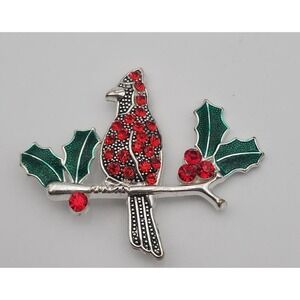 Vintage winter holiday silver tone red CARDINAL bird w/ holly brooch pin
